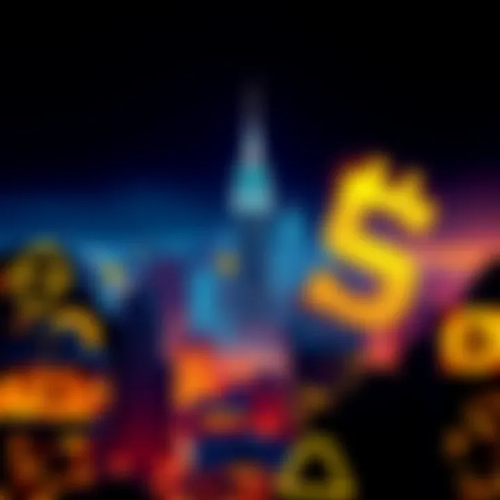 Graphic representation of New York skyline with cryptocurrency symbols and a tax percentage sign