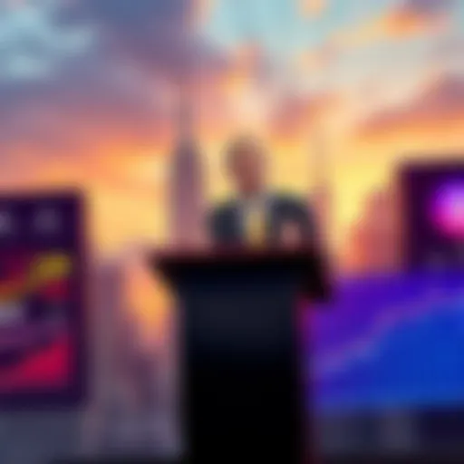 A New York lawmaker speaks at a podium about a proposed tax on cryptocurrency sales, with a backdrop of the city skyline and charts showing rising crypto trends.