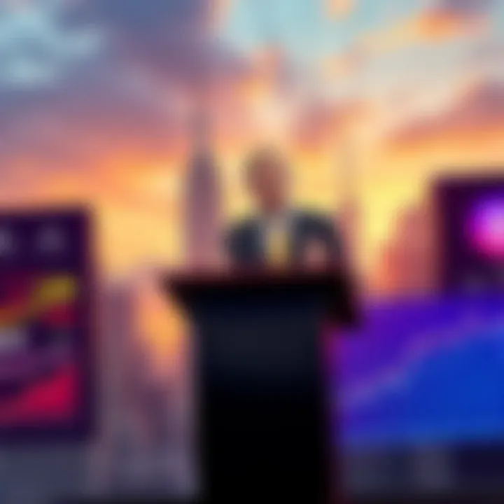 A New York lawmaker speaks at a podium about a proposed tax on cryptocurrency sales, with a backdrop of the city skyline and charts showing rising crypto trends.