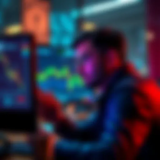 A person looking at a computer screen showing declining cryptocurrency prices, pondering a buying decision.