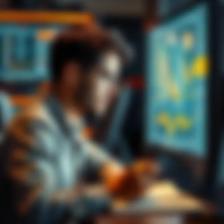 Newbie learning cryptocurrency payments A person looking at a computer screen with cryptocurrency symbols while taking notes, representing learning about crypto payments responsibly and securely.