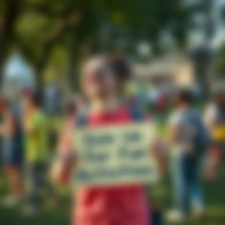 A friendly newcomer in Folkestone smiles while holding a sign that says 'Join Us for Fun Activities'. They stand in a park surrounded by people enjoying various activities.