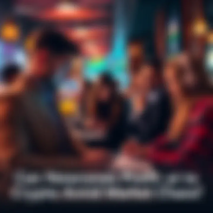 Newcomers Exploring Crypto A group of people looking at cryptocurrency charts on laptops and smartphones, discussing potential investments in a busy cafe.