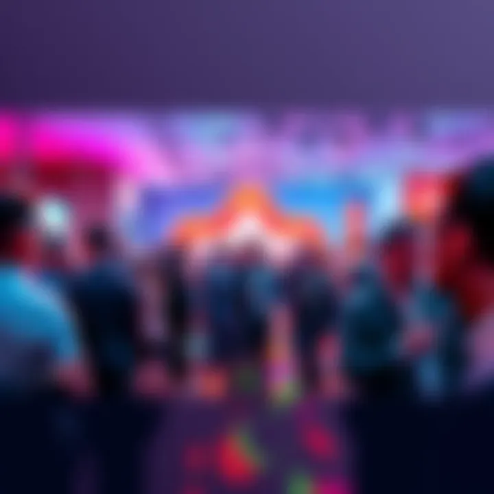 A bustling conference scene in Bulgaria with attendees networking and engaging, showcasing Nexo's potential comeback with prominent figures like Trump's son present.