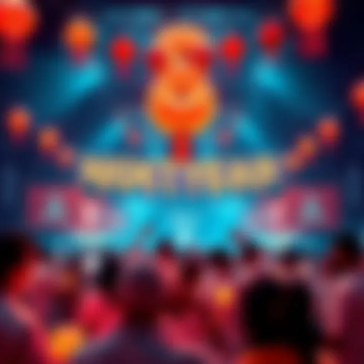 A festive scene showing people celebrating Nexo's eight-year anniversary with banners and digital asset graphics in the background.