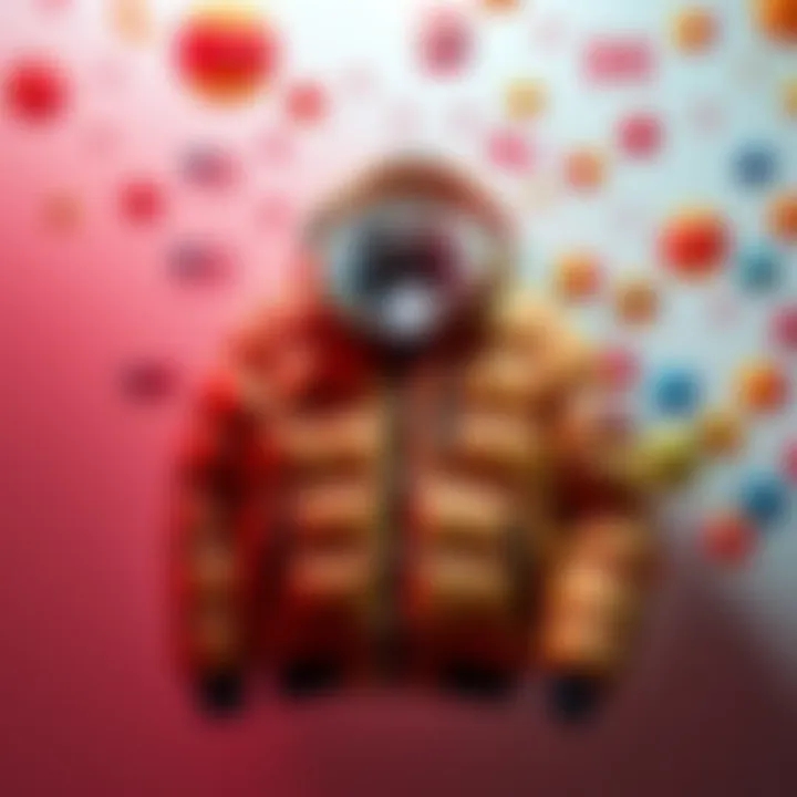 A stylish puffer jacket displayed with a cheerful background representing diverse languages and cultures, inviting people to participate in the Nexo giveaway.