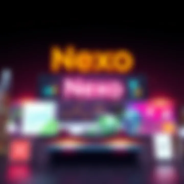 A vibrant graphic showcasing Nexo's services targeting U.S. customers with visuals of lending and growth accounts, highlighting financial opportunities.