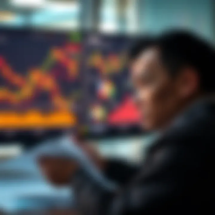 A worried person analyzing investment documents related to Nexo's US Yield Products with financial graphs and charts on a screen in the background