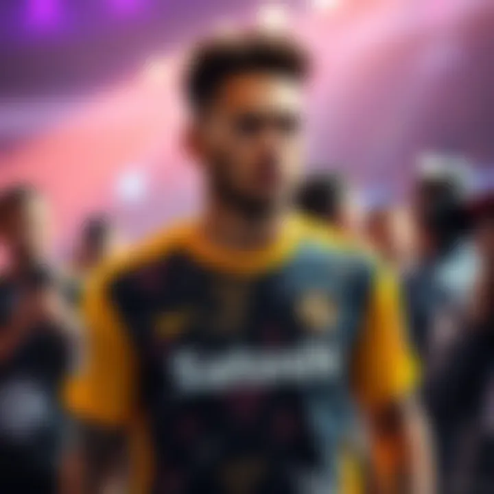 Soccer star Neymar in a stylish Satoshi t-shirt at an event, drawing attention from fans and media.