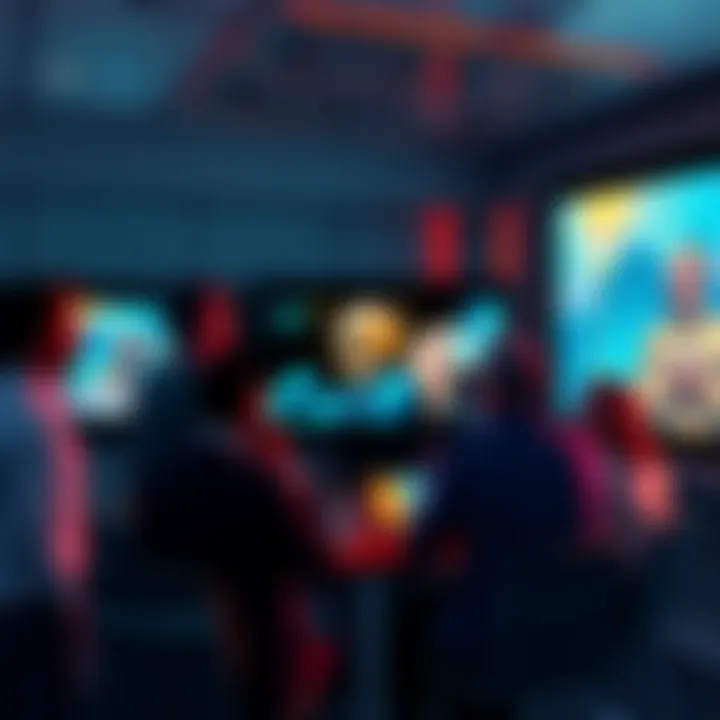 A group of people engaging in a lively discussion about NFTs with digital art displayed on screens around them.