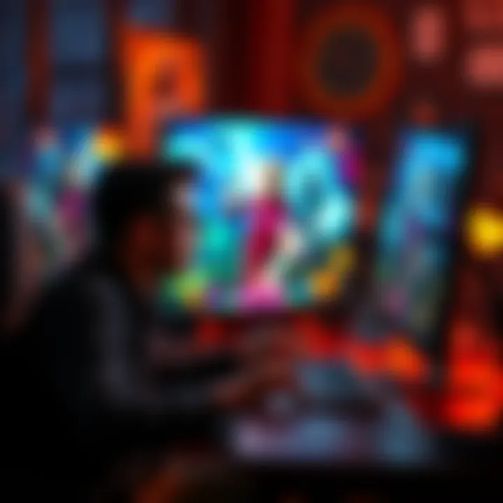 A person reviewing diverse digital art pieces on a computer, focusing on storytelling and emotions in the artwork.