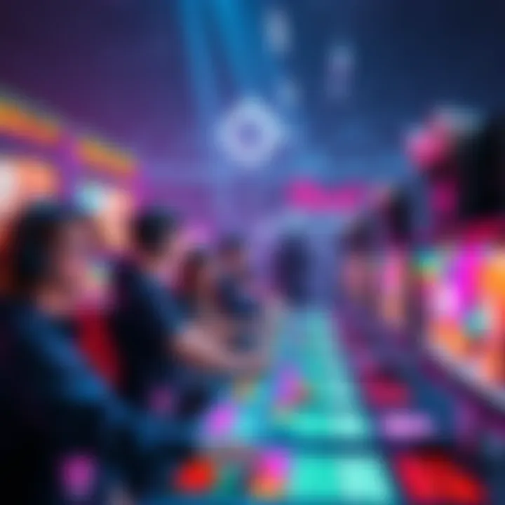 A vibrant scene of people participating in a competitive NFT game on Cardano, highlighting unique NFTs and rewards