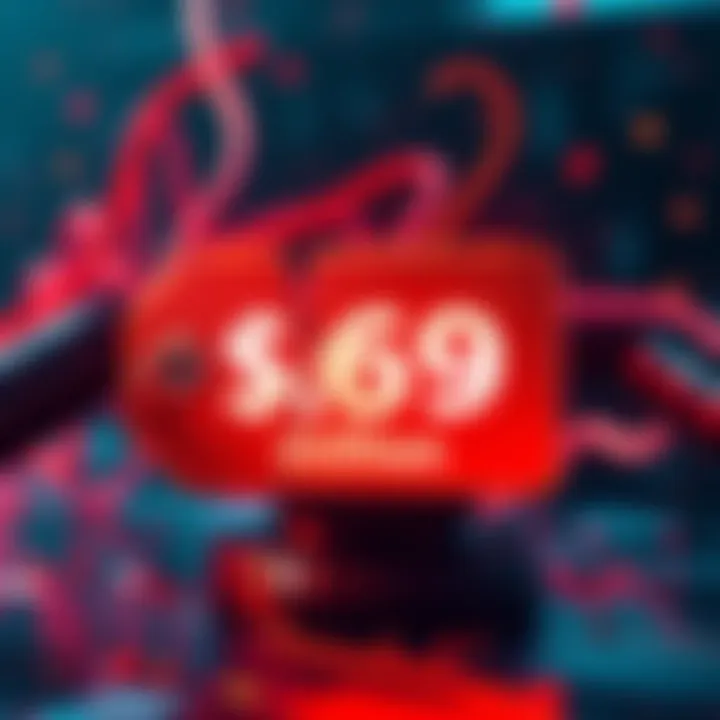 A digital artwork representing the dramatic fall of an NFT from $69 million to under $100, illustrating the contrast in value with a broken price tag.