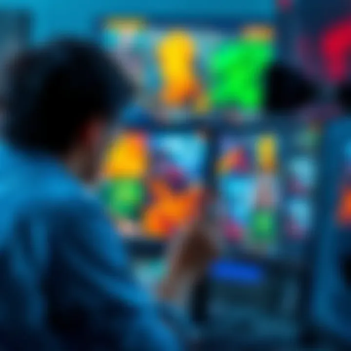 A person analyzing different digital artwork on a computer screen to determine the price of NFTs.