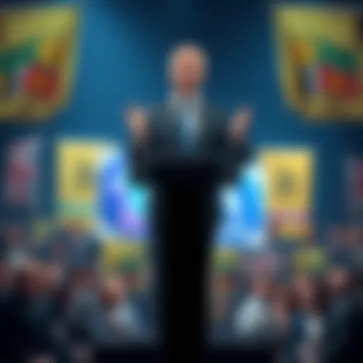 Nigel Farage stands at a podium discussing cryptocurrency deregulation, surrounded by an audience and banners supporting digital currency growth.