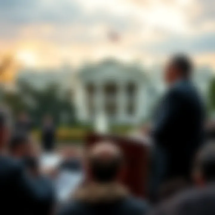 Historical photo depicting Richard Nixon announcing the end of the gold standard, with a backdrop of the White House, journalists taking notes, and reporters capturing the moment.