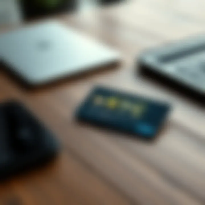 A no KYC crypto card lying on a wooden table next to a smartphone and a laptop, symbolizing privacy in transactions