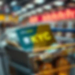A digital representation of a no-KYC crypto debit card among cash and a shopping cart, highlighting ease of use in stores.