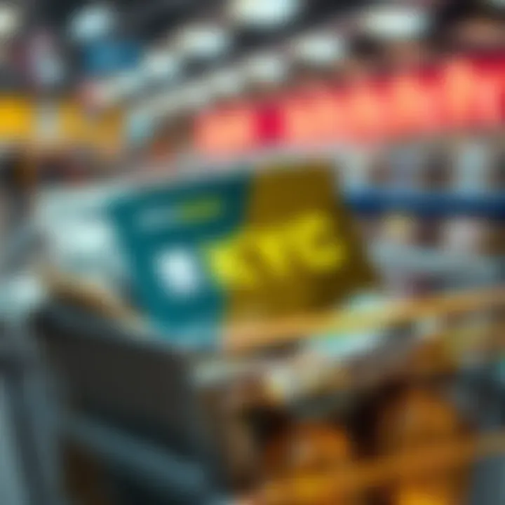 A digital representation of a no-KYC crypto debit card among cash and a shopping cart, highlighting ease of use in stores.