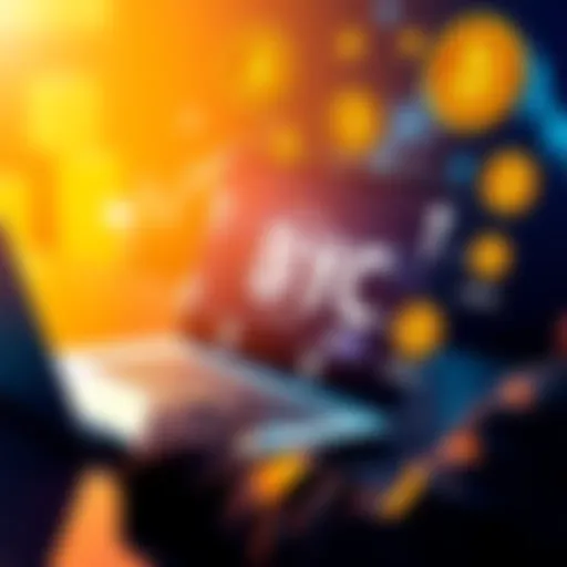A person using a laptop to access a non-KYC cryptocurrency exchange, with Bitcoin icons and privacy symbols around them.