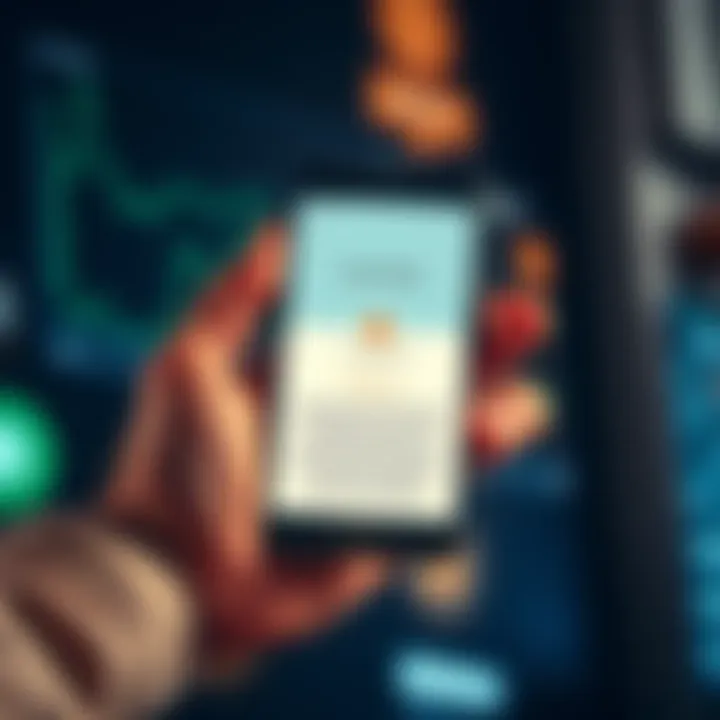 A person holding a smartphone displaying a crypto wallet app, with a seed phrase visible on the screen and digital currency icons around them.