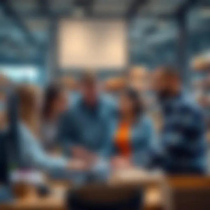 A group of people discussing a content management system at a non-profit organization, focusing on managing inventory and e-commerce.
