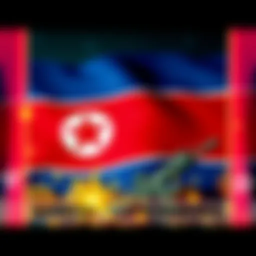 Graphic showing North Korean flag overlayed with cryptocurrency symbols and military icons, highlighting the link between stolen crypto and military funding.