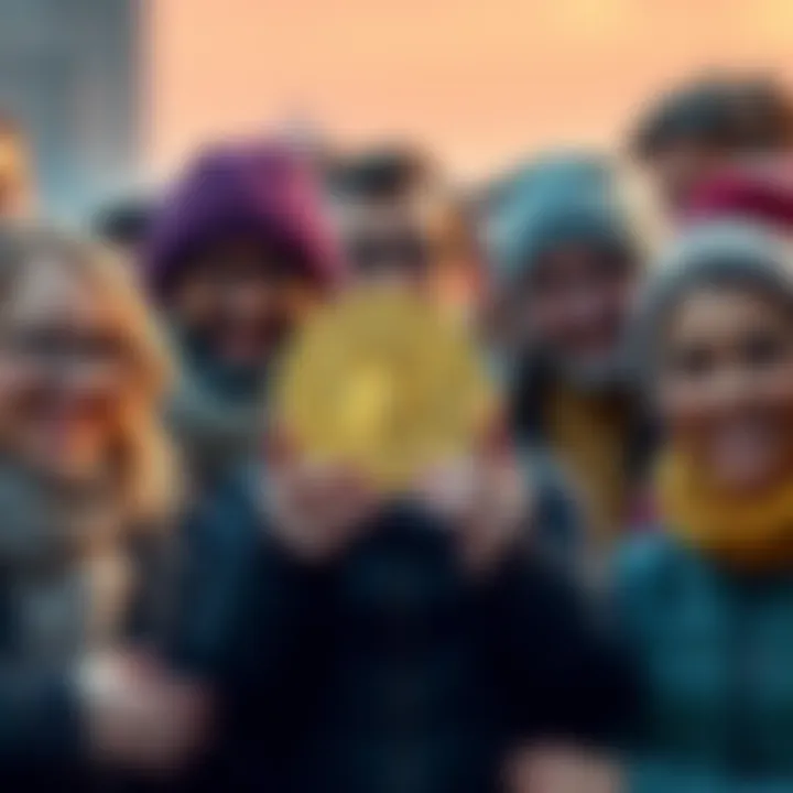 A group of diverse Norwegian citizens holding a Bitcoin symbol, representing their indirect ownership through the sovereign wealth fund.