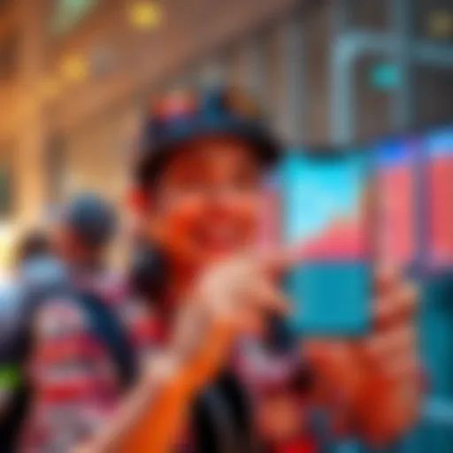 A happy novice investor holds a phone showing a trading app with rising profits.