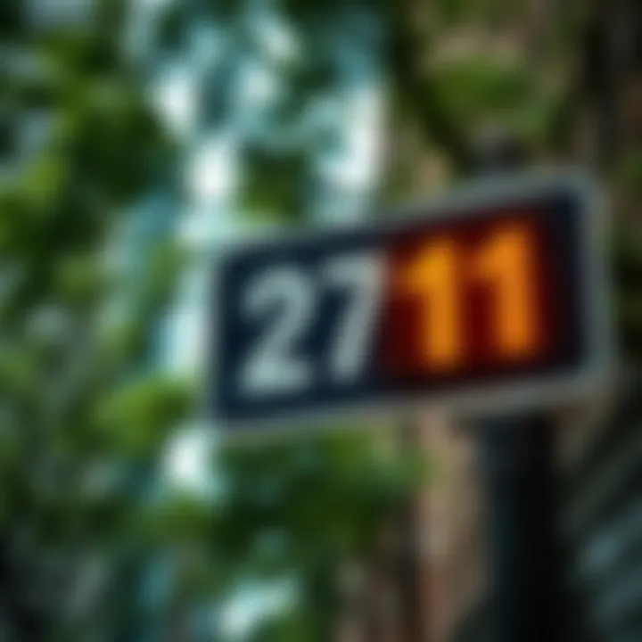 Number 271 on a street sign A close-up of a street sign displaying the number 271, surrounded by trees and buildings