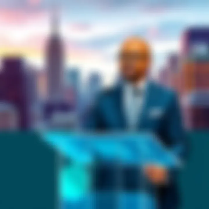 Mayor Eric Adams stands at a podium, announcing the formation of a crypto advisory council in New York City, with a backdrop of the city skyline.