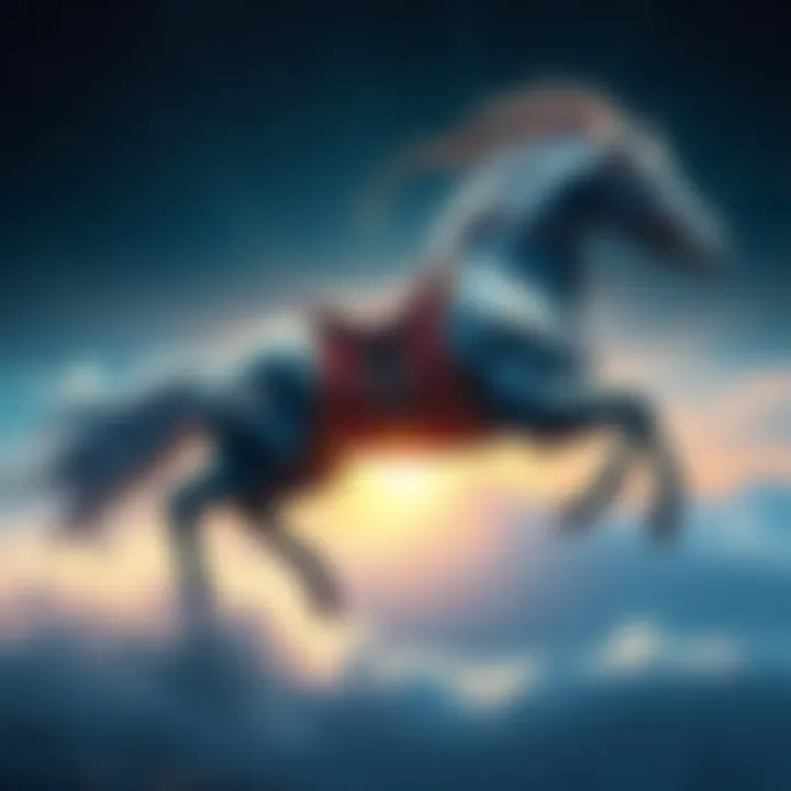 A powerful eight-legged horse representing speed and exploration, adorned with Norse symbols, galloping through a starry sky.