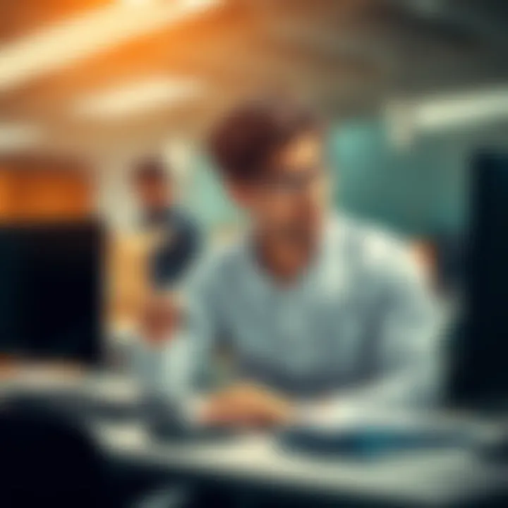 An office worker at a desk purchasing parcels online while looking around cautiously, with coworkers in the background unaware.