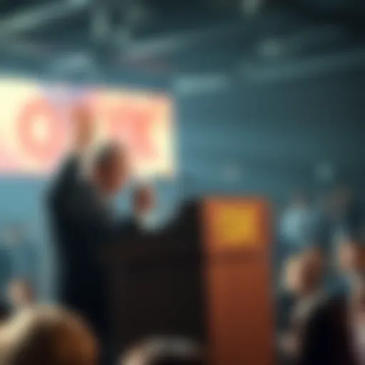 OKX CEO standing at a podium addressing concerns about account lockouts, with a concerned crowd in the background.