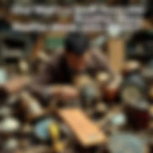 A person examining a pile of discarded belongings with keen interest, imagining their potential resale value, surrounded by various antique and collectible items.