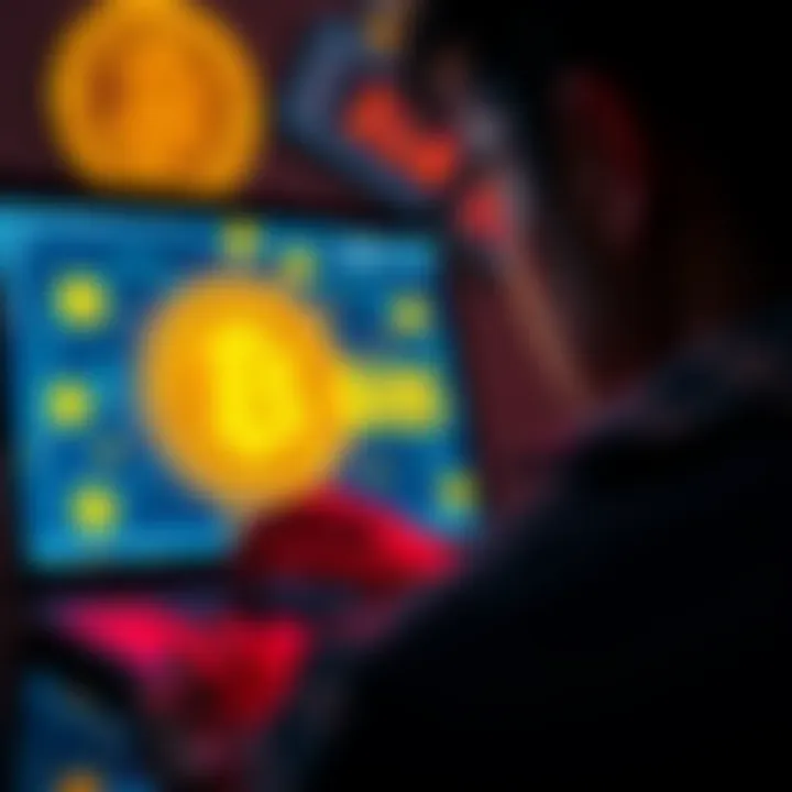 A person looking at a laptop screen displaying an old bitcoin address with cryptocurrency symbols around.