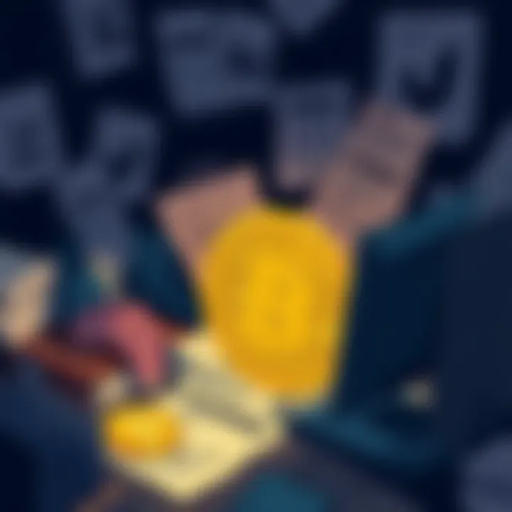 An illustration showing a person searching through old papers and a computer for Bitcoin information from 2009 or 2010.