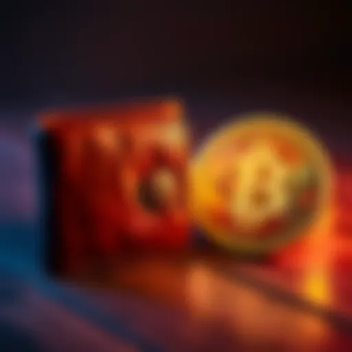 An old cake wallet next to a Bitcoin logo on a wooden table, illustrating cryptocurrency recovery and transaction safety.