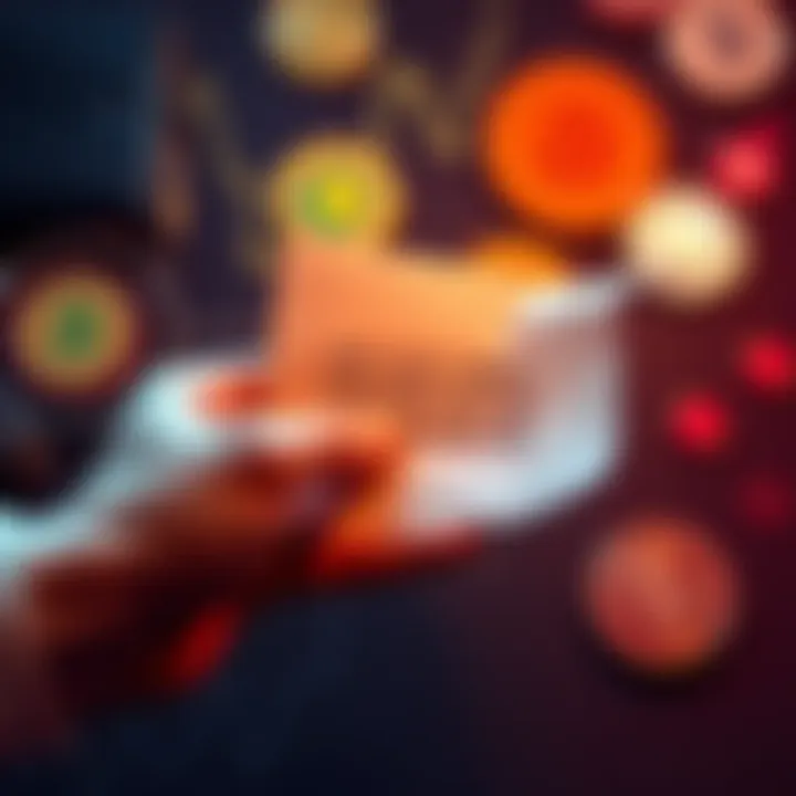 A hand holding a paper with a twelve-word seed phrase and numbers, surrounded by a wallet and cryptocurrency symbols.