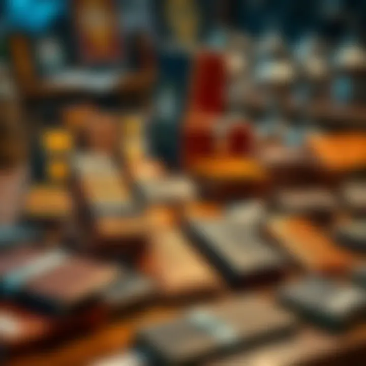 A collection of old Sol wallets displayed for sale on a table, showcasing various designs and colors, inviting potential buyers to make inquiries