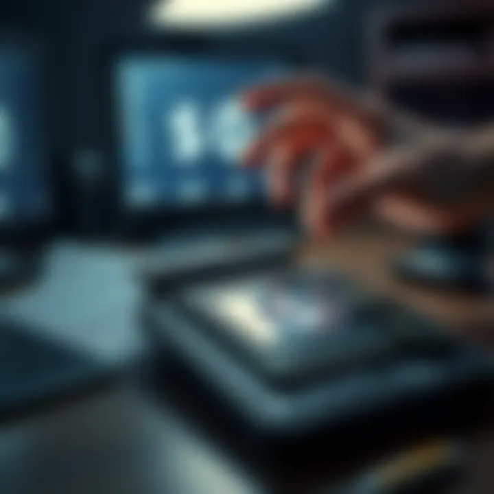 An old crypto wallet lying on a desk with a worried person's hand reaching for it, showing a $0 balance on the screen.