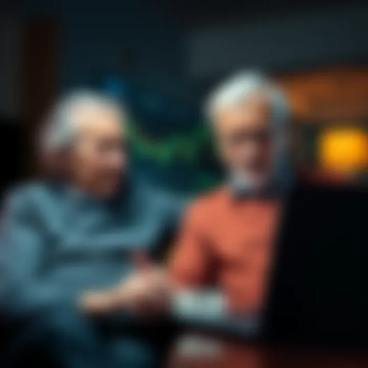 Older couple looking at Bitcoin graphs An elderly couple expressing concern while viewing Bitcoin price charts on a laptop, reflecting on their investments.
