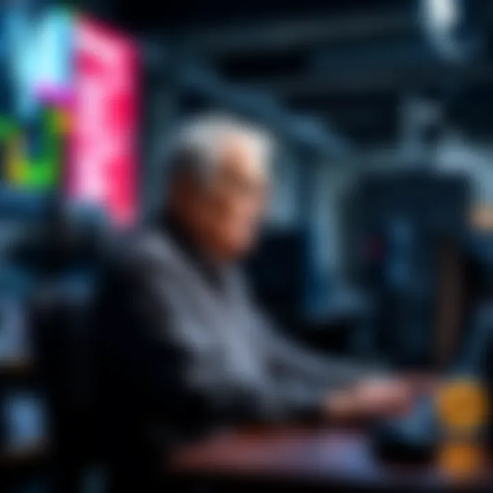 A thoughtful 63-year-old man sitting at a desk with a computer, pondering Bitcoin concepts and theories.