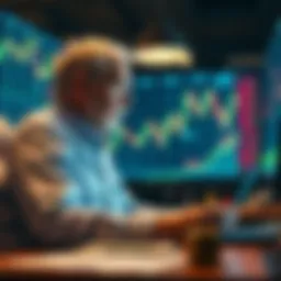 An older person studying stock charts and financial news at a desk, symbolizing a cautious investment approach during a bear market