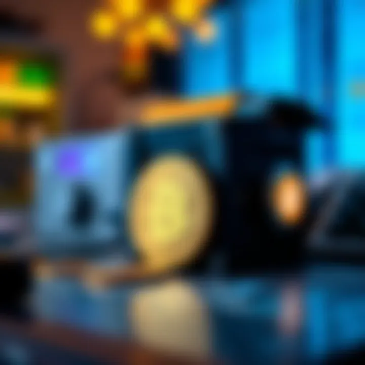 A close-up view of the One Shot Miner device alongside a bitcoin symbol, illustrating its purpose in generating bitcoin.