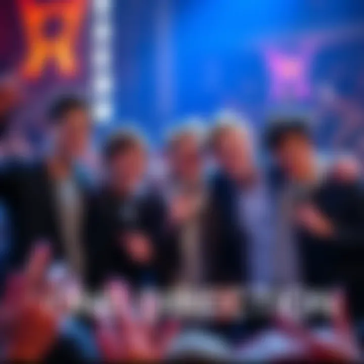 A group of five young male musicians smiling and celebrating together, holding microphones, with fans in the background