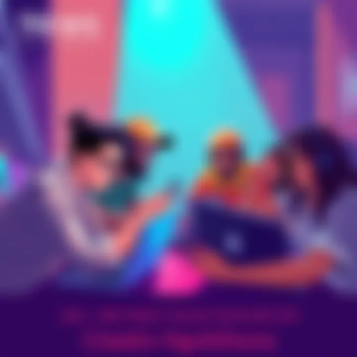A vibrant illustration of diverse creative builders collaborating on laptops in a virtual hackathon setting, showcasing teamwork and innovation.