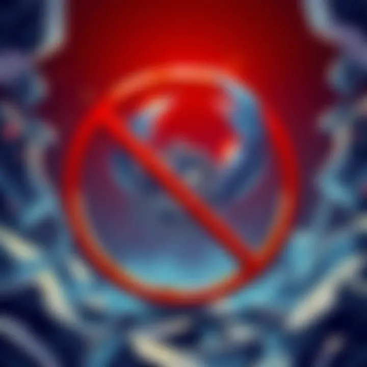 A digital illustration showing a 'No Cryptocurrency' sign over a broken token symbol, symbolizing OpenClaw's ban on crypto discussions after a scam.