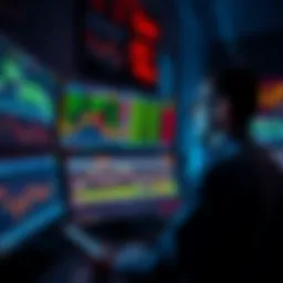 Options trader analyzing 24-hour stock data A trader studying stock charts on multiple screens in a dark office at night, showing 24-hour trading data