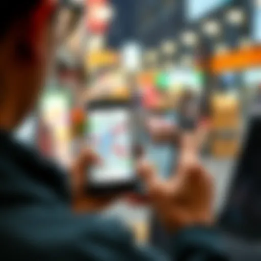 Using Orientation Apps for Parcel Buying A person using a smartphone app to find and purchase parcels, with a map displayed on the screen showing locations in a city.